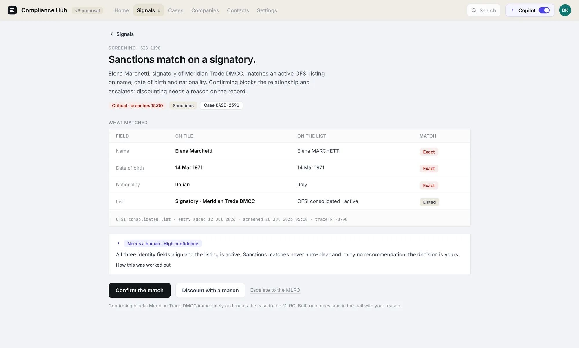 Compliance Hub alert with AI reasoning